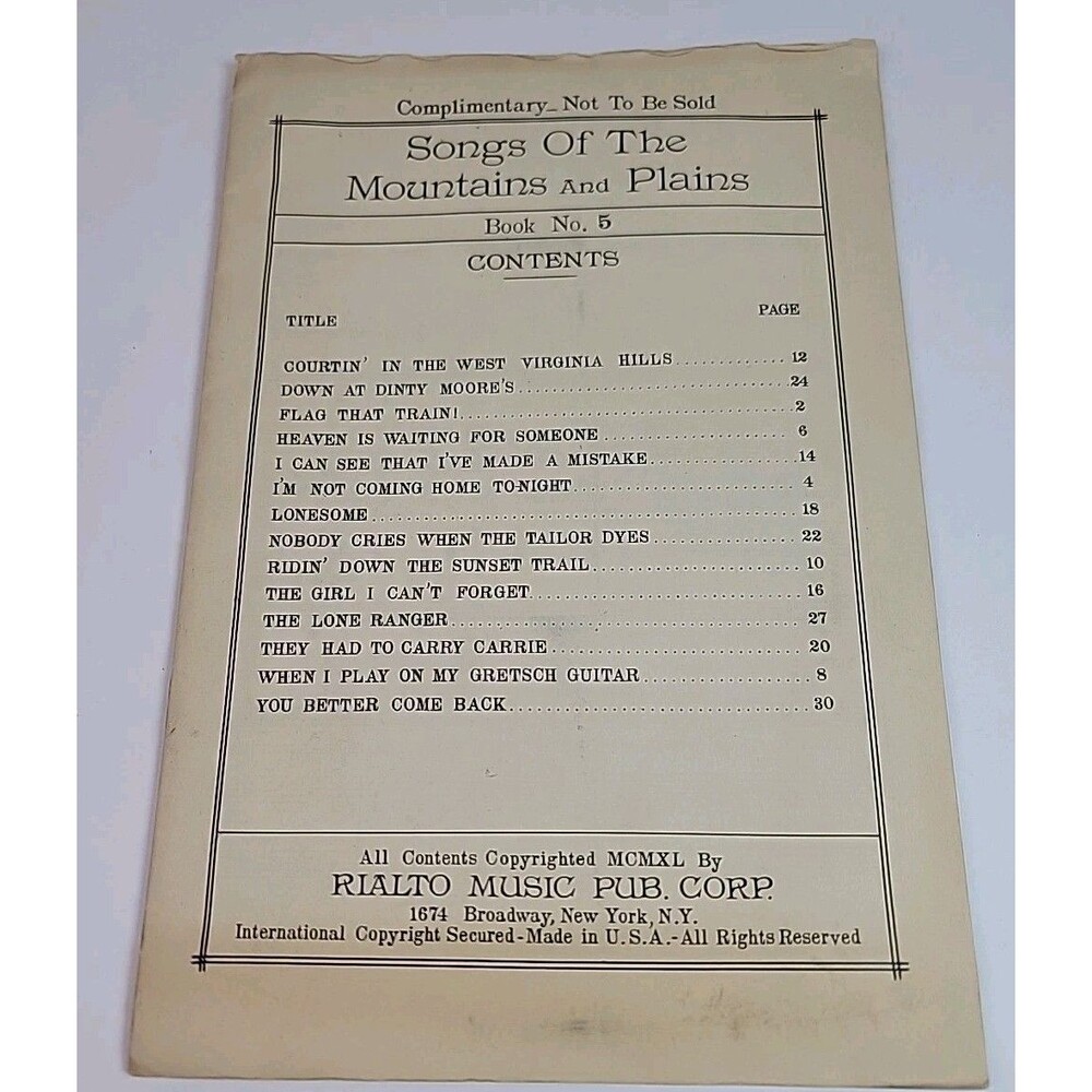 Vintage 1940 Songs of the Mountains and Plains Rialto Music Pub Folk Songbook